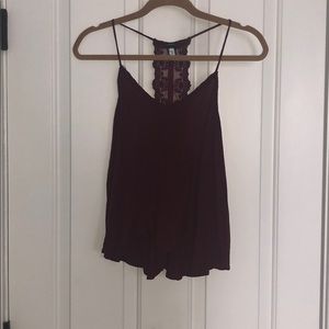 Dark red racer back tank top with floral mesh back